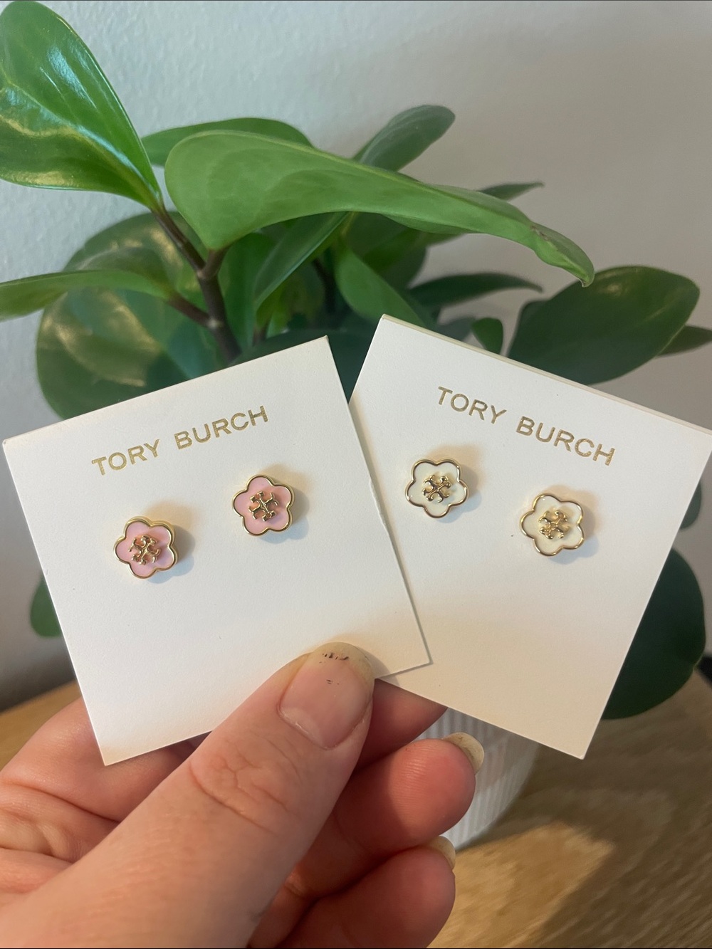 Tory Burch Enamel Floral Stud Earrings in Pink and Cream with Gold Trim